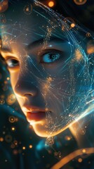 Leinwandbilder - Serene woman's face merging with abstract digital elements in a captivating visual experience during twilight