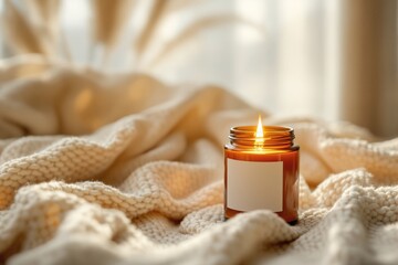 Wall Mural - Cozy candle in a glass jar on a soft knitted blanket, warm light in a serene setting.