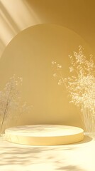 Wall Mural - a clean podium with an open space for product display, bathed in soft golden light, set against a pa