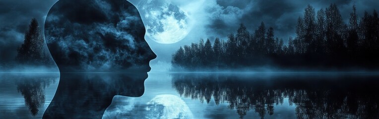 Poster - Mystical profile of a man filled with ethereal elements under a full moon night