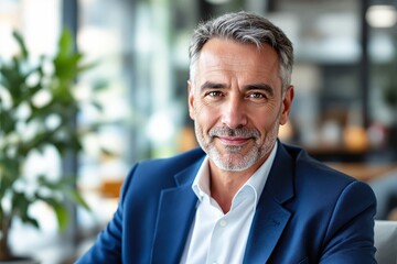 Wall Mural - Mature man in blue suit smiling confidently in a bright office space.