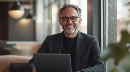 Aufkleber - Cozy modern workspace featuring a middle-aged man focused on his laptop during a peaceful afternoon