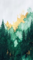Poster - Dynamic watercolor forest landscape showcasing vibrant green hues and golden accents in a serene natural setting