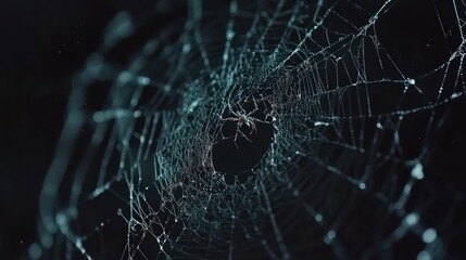 Night spiderweb, dew, forest, dark background, nature design