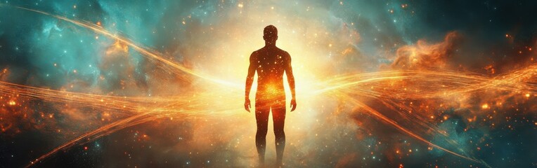 Poster - Conceptual representation of a glowing figure surrounded by cosmic elements in an abstract setting