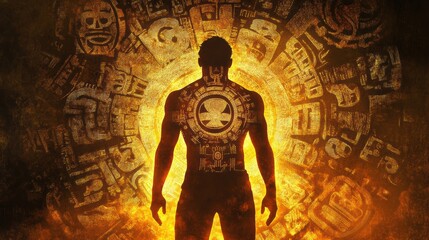 Poster - Conceptual representation of a glowing man standing against a backdrop of ancient symbols and vibrant colors