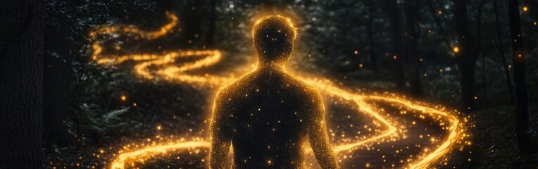Poster - Man glowing amidst a magical forest pathway illuminated by golden light at twilight