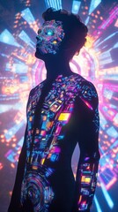 Aufkleber - Glowing figure surrounded by vibrant digital patterns in an abstract setting
