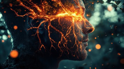 Poster - Glowing depiction of a man's face illuminated by glowing branches in an ethereal forest setting