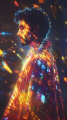 Poster - Conceptual depiction of a man's profile illuminated with vibrant colors and patterns at dusk