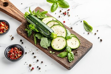 Wall Mural - A freshly picked zucchini resting on a rustic wooden cutting board, surrounded by herbs and spices