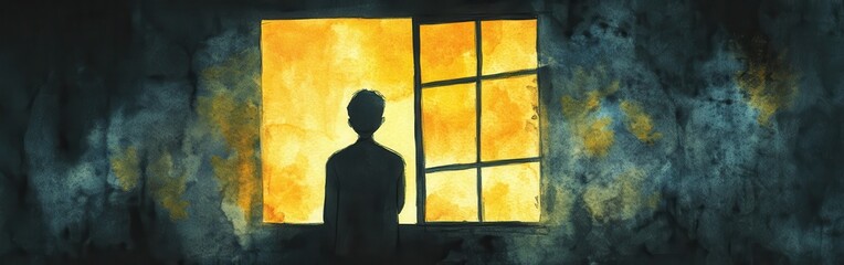 Poster - Silhouette of a person gazing out of a window framed by a vibrant watercolor background depicting evening light