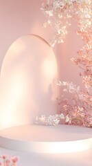 Wall Mural - a slender, modern podium with empty space for product placement, set on a gentle pastel gradient bac