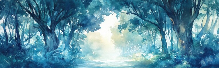 Poster - Dreamy watercolor forest landscape with soft lights illuminating the pathway through trees at dawn