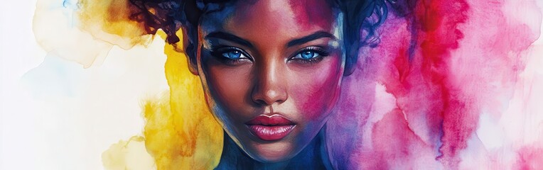 Leinwandbilder - Portrait of a woman with vibrant watercolor background emphasizing beauty and emotion