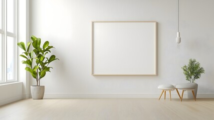 Fototapete - Minimalist 3D rendered frame mockup set in a stylish living room interior with clean lines contemporary decor and modern furnishings  The frame is showcased in an ISO A size format against a bright