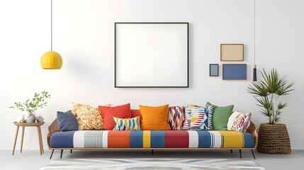 Aufkleber - Vibrant Modern Living Room with Colorful Sofa and Stylish Furniture Decor   3D Rendered Mockup of a Frame in ISO A Size Set in a Contemporary Interior Design Scene
