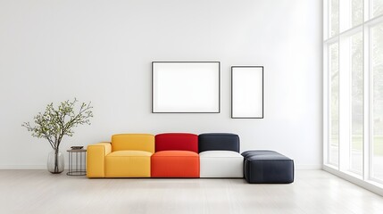 Aufkleber - Bright and cozy modern living room with a colorful sofa frame mockup in ISO A size on a minimalist white wall and contemporary design elements