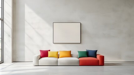 Aufkleber - Mockup of a frame display in a clean and modern living room setting featuring a colorful sofa with bold throw pillows and a minimalist wall design showcasing a contemporary and stylish interior decor