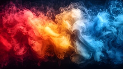 Aufkleber - Atmospheric abstract background featuring colorful swirling smoke and fog in bold red orange yellow and blue hues  The dynamic ethereal