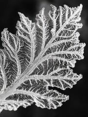 Poster - Frost-covered leaf displays intricate patterns and textures in close-up view during a cold winter morning