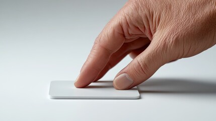 Hand activating white button on light surface; background blurred