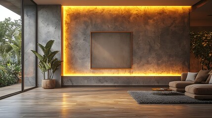 Aufkleber - Minimalist and Sleek Living Room Interior with A Size Poster Mockup on the Wall Featuring a Comfortable and Contemporary Design with Natural Lighting and Greenery Accents