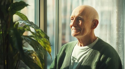 Elderly man with a kind smile enjoying sunlight by the window in a cozy room with green plants