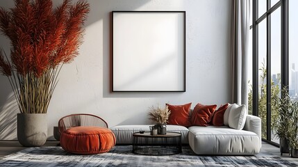 Aufkleber - Minimalist living room interior with modern furniture and contemporary decor elements showcasing an ISO A paper size frame mockup displayed on the wall  The 3D rendered scene creates a clean