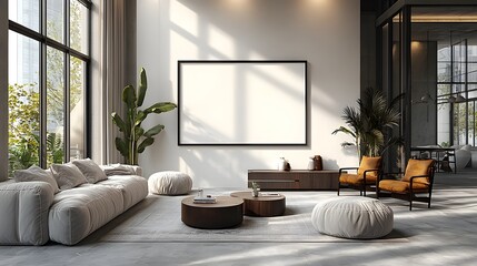 Aufkleber - Sophisticated and Cozy Modern Living Room with Sleek Frame Mockup Artwork Display Minimalist Furniture and Bright Natural Lighting from Large Windows