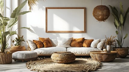 Aufkleber - Stylish modern interior mockup with an ISO A sized frame on the wall complemented by a minimalist yet cozy living room design featuring natural decor and furniture elements for a peaceful