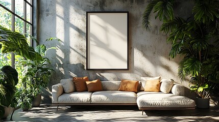 Aufkleber - Minimalist and contemporary living room design featuring a clean well lit space with a modern frame mockup on the wall surrounded by lush greenery and comfortable furniture