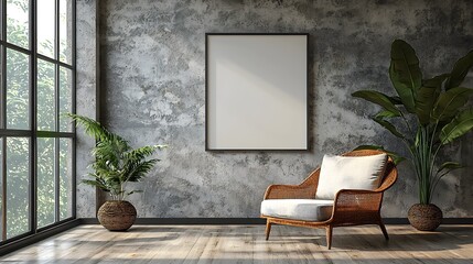 Aufkleber - Minimalist contemporary living room interior with an ISO paper size frame mockup displayed on the wall  The scene features modern decor furniture