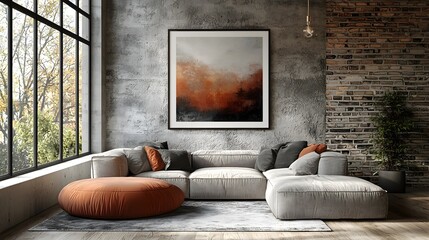 Aufkleber - Minimalist and contemporary living room interior with a large wall poster frame mockup in ISO size featuring clean lines industrial elements