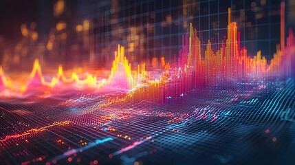Fototapete - A sleek and clean visual of colorful line and bar charts layered dynamically on a subtle grid background creating a professional and futuristic data visualization concept