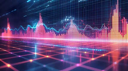 Poster - Dynamic and Vibrant Data Visualization with Layered Colorful Line and Bar Charts on a Subtle Grid Background for Professional Financial Analytics and Technology Presentations