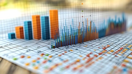 Fototapete - Vibrant and creative data visualization featuring overlapping line and bar charts in a range of colors set against a delicate grid background for a modern technical aesthetic