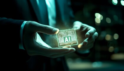 Poster - Futuristic concept of artificial intelligence technology presented by a businessman showcasing a glowing AI symbol in a digital environment, representing innovation and advancement
