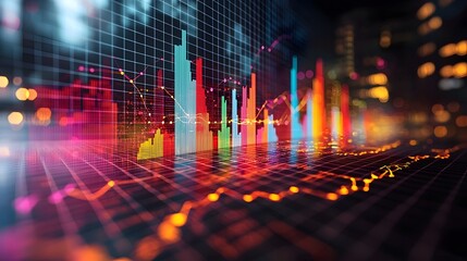 Fototapete - Minimalist yet Dynamic Data Visualization Featuring Colorful Line and Bar Charts on a Subtle Grid Background for Professional Use in Business Finance and Technology Applications