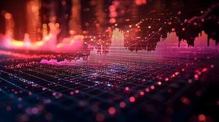 Fototapete - Vibrant and Dynamic Data Visualization Represented by Colorful Line and Bar Charts with a Clean Stylish and Futuristic Modern Grid Overlay Design