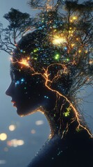 Poster - Surreal representation of a glowing woman intertwined with nature under a twilight sky