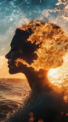 Poster - Silhouette of a glowing woman against a surreal sunset on the ocean