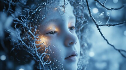 Aufkleber - Serene visualization of a child's face surrounded by ethereal light and natural elements in a tranquil setting