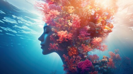 Aufkleber - Portrait of a woman illuminated by vibrant coral under a serene ocean surface at twilight