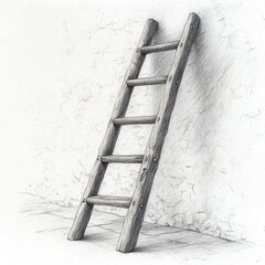 Poster - Rustic wooden ladder resting against a textured wall in a serene indoor setting