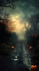 Wall Mural - Spooky Halloween Path: Pumpkins and Foggy Autumn Lane