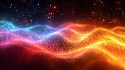 Poster - Vibrant glowing light stripes flowing horizontally across a blurred dark orange and black background with a smooth gradient effect creating a futuristic cosmic and energetic atmosphere