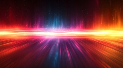 Fototapete - Mesmerizing blurred abstract background featuring horizontal glowing light stripes in rich vibrant colors set against a dark orange to black gradient  The image evokes a sense of energy motion
