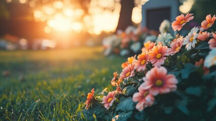 Wall Mural - vibrant flowers in sunlit garden during sunset