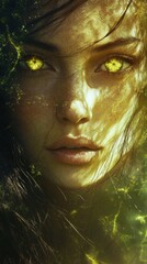 Aufkleber - Mystical portrait of a woman with glowing face and enchanting eyes in a surreal setting at dusk